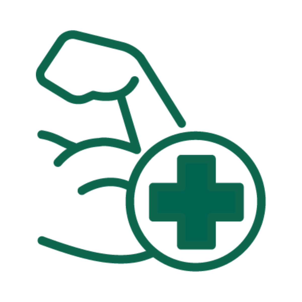 Green icon of an arm muscle with a cross, likely representing health