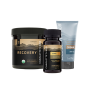 Product Image for Charlotte&#39;s Web recovery supplement, full spectrum hemp extract, and cream on a white background