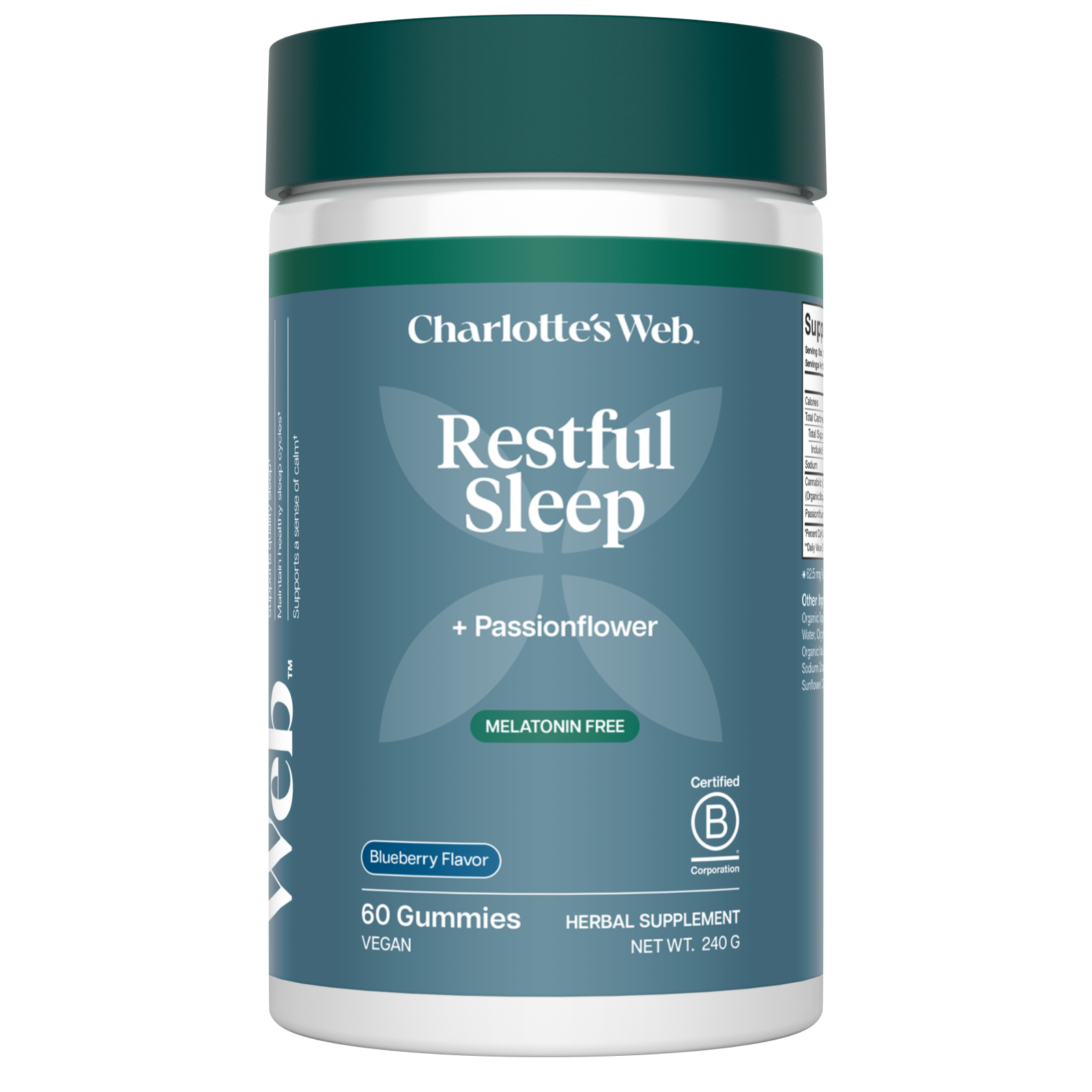 Charlotte&#39;s Web Restful Sleep gummy supplement container on a white background