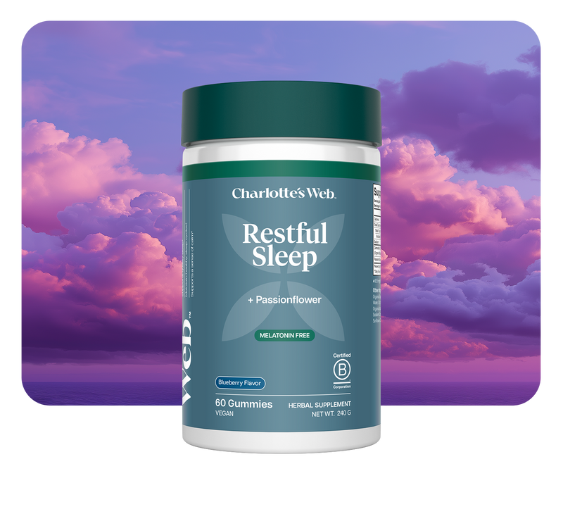 Charlotte's Web Restful Sleep supplement container with a purple and pink cloud background