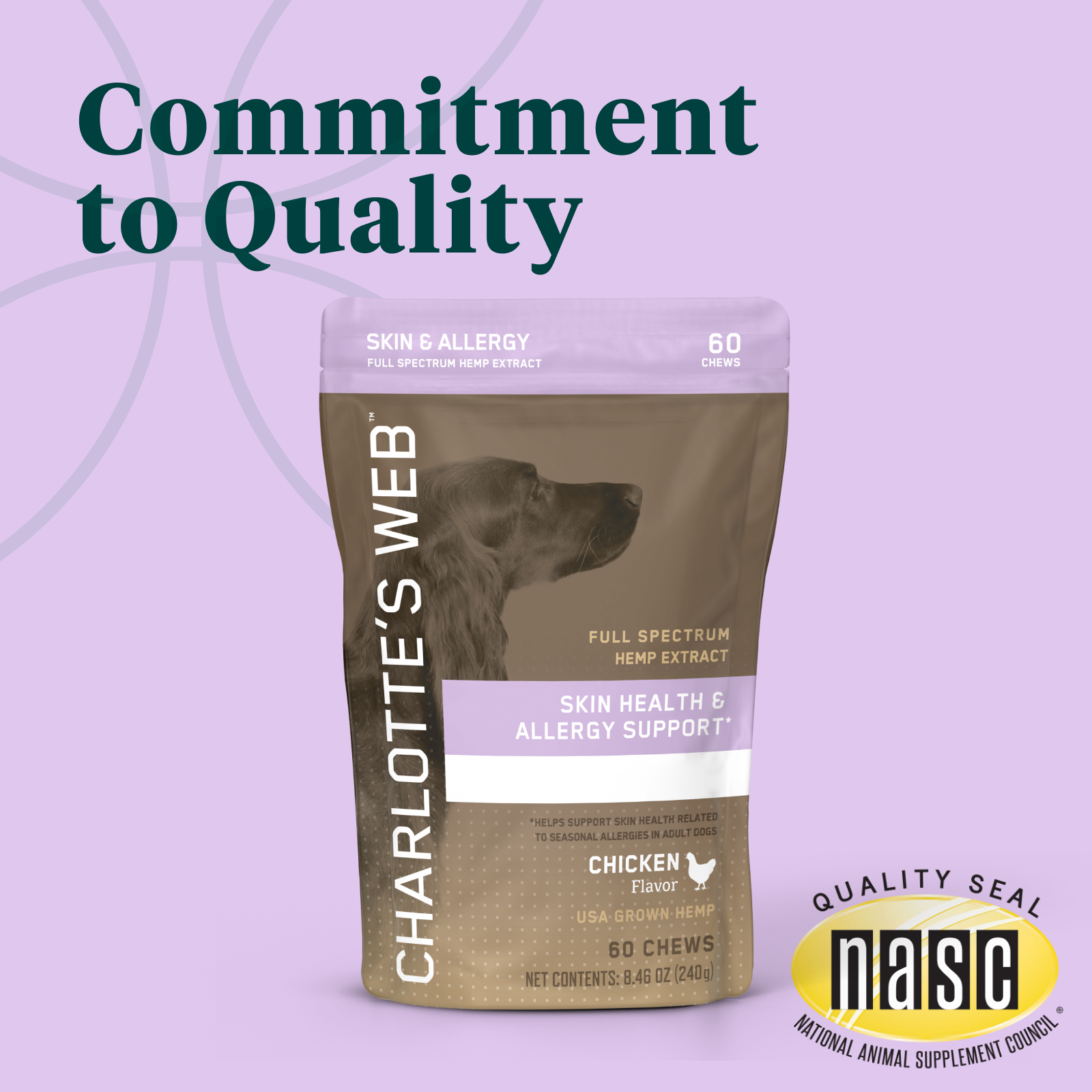 Product Image for Charlotte&#39;s Web pet supplement package with a purple background and &#39;Commitment to Quality&#39; text.