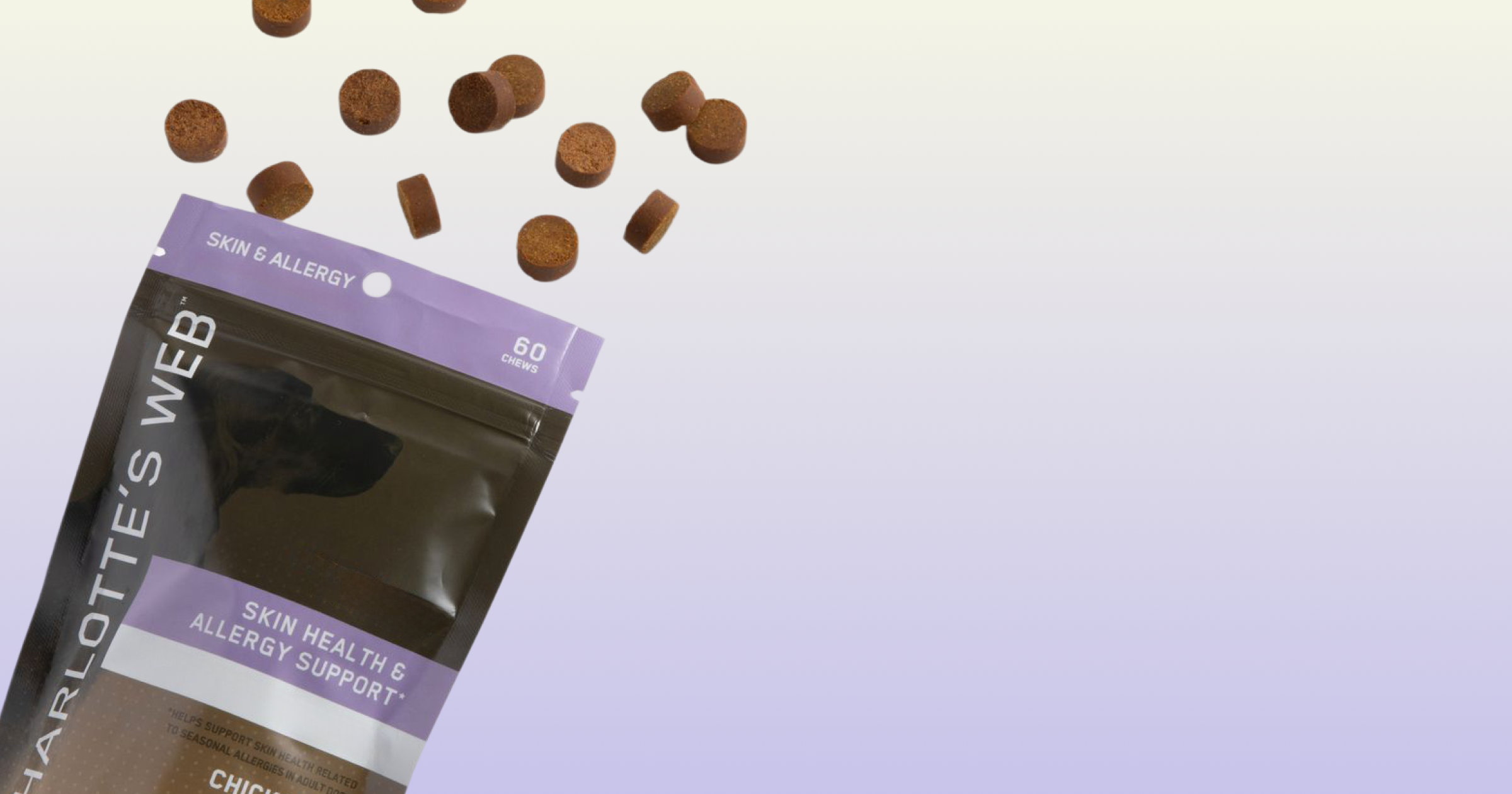 Bag of Charlotte's Web products with scattered capsules on a light purple background