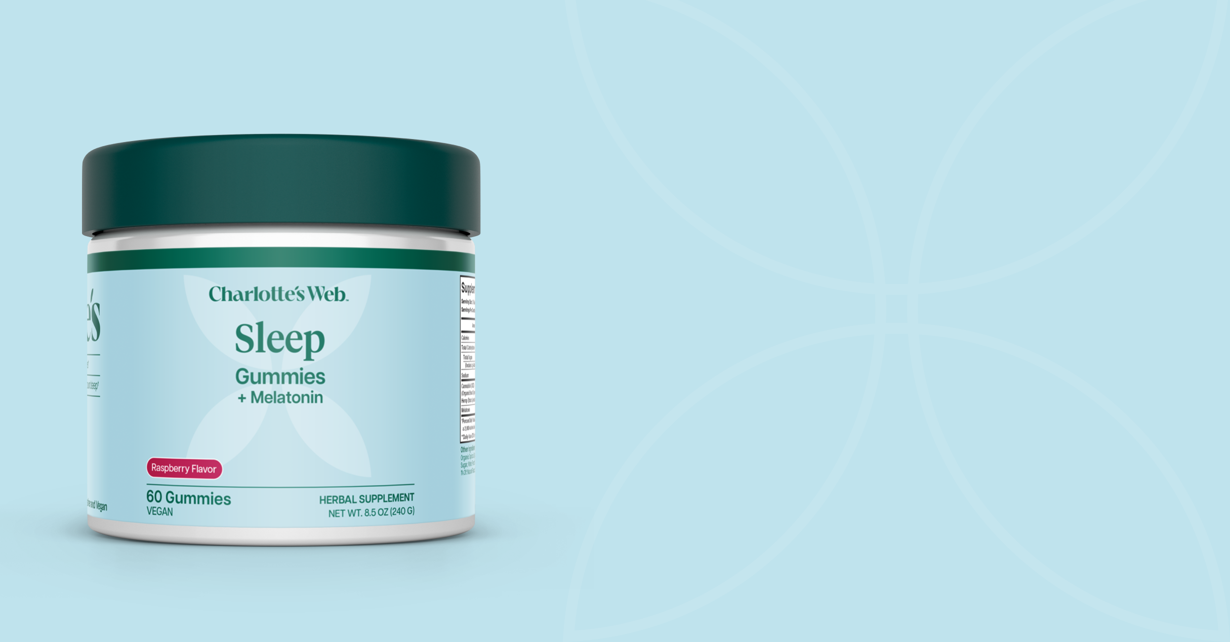 Charlotte's Web Sleep Gummies + Melatonin in a white plastic jar with a dark green lid, set against a light blue background.