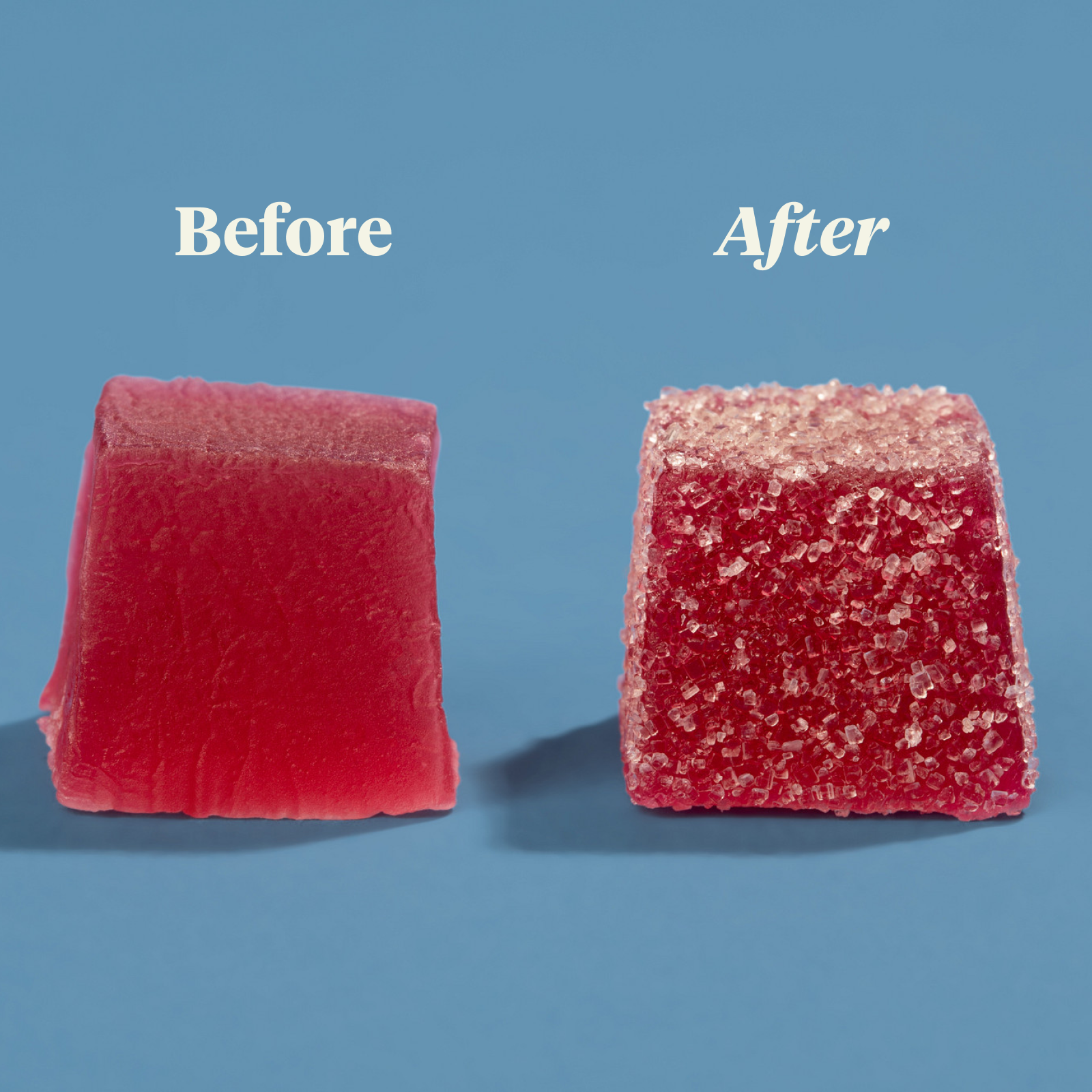 Before and after sugar coating comparison of a Sleep gummy on a blue background