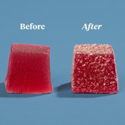 Product Image for Before and after sugar coating comparison of a Sleep gummy on a blue background