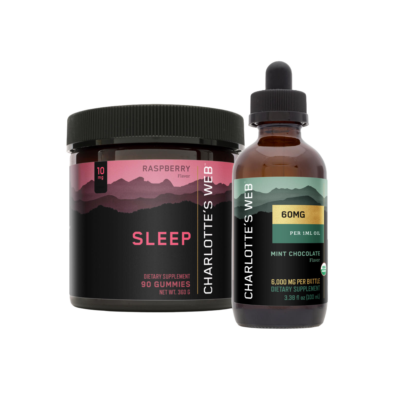 Two Charlotte's Web products on a white background: a jar of gummies and a bottle of tincture.