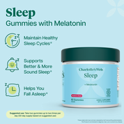 Product Image for Charlotte's Web Sleep + Melatonin gummies in a white jar with a dark teal lid, on a light teal background with suggested use text and icons.