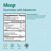 Product Image for A product information card for Sleep Gummies with Melatonin, featuring a Supplement Facts label, other ingredients list, and certification logos on a light blue background.