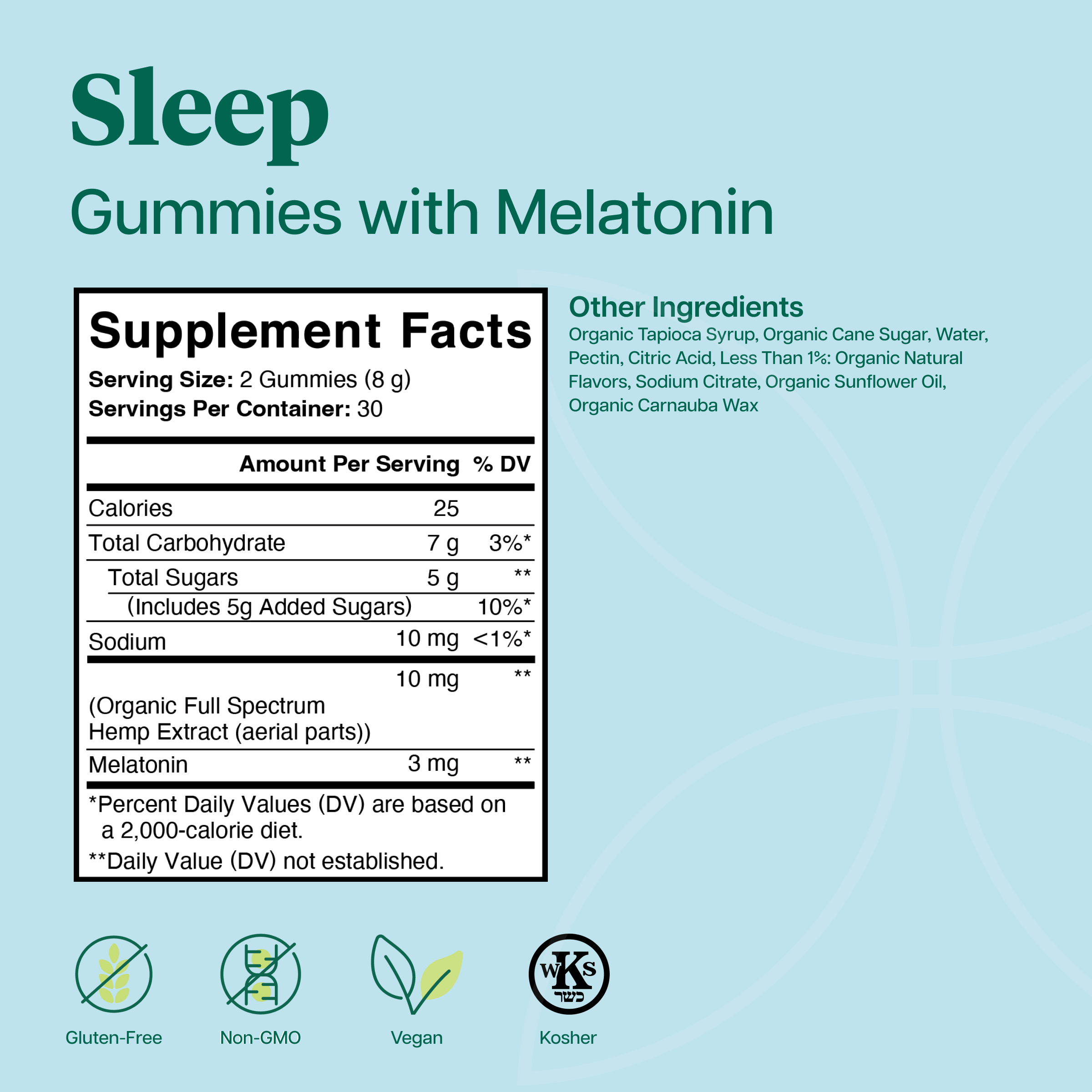 Product Image for A product information card for Sleep Gummies with Melatonin, featuring a Supplement Facts label, other ingredients list, and certification logos on a light blue background.