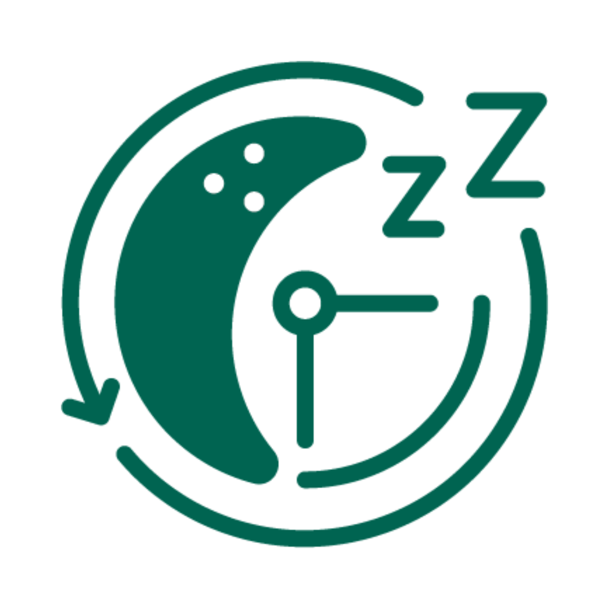 Green icon of a crescent moon, clock, and 'zzz' symbols on a white background