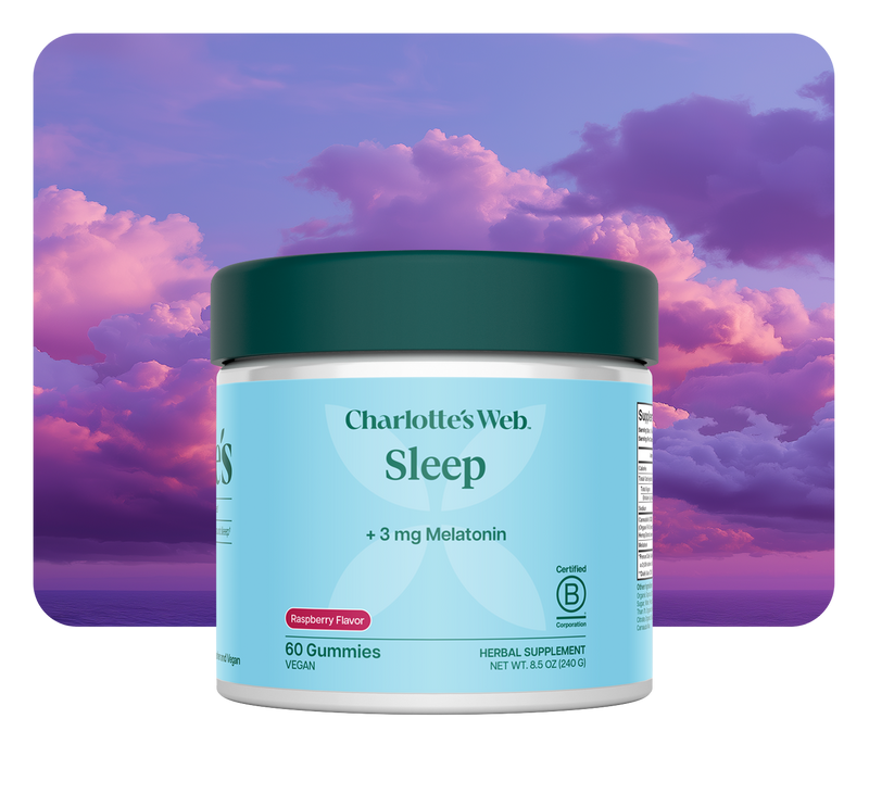 Jar of Charlotte's Web Sleep gummies with a colorful sky background
