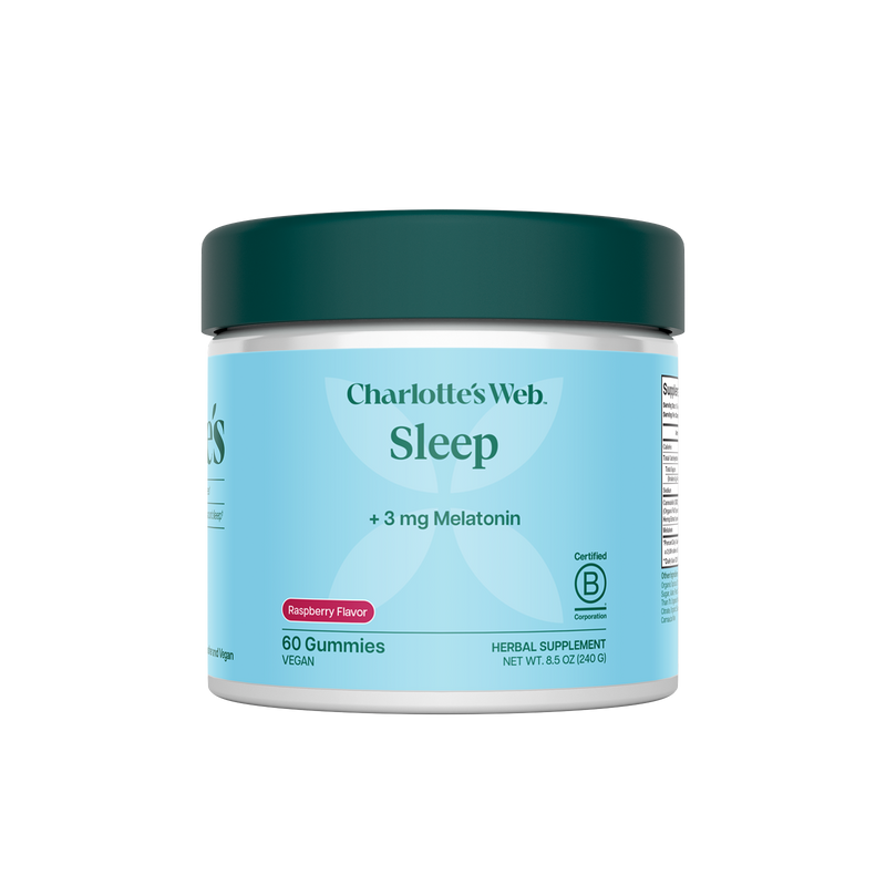 Jar of Charlotte's Web Sleep gummies with melatonin on a white background