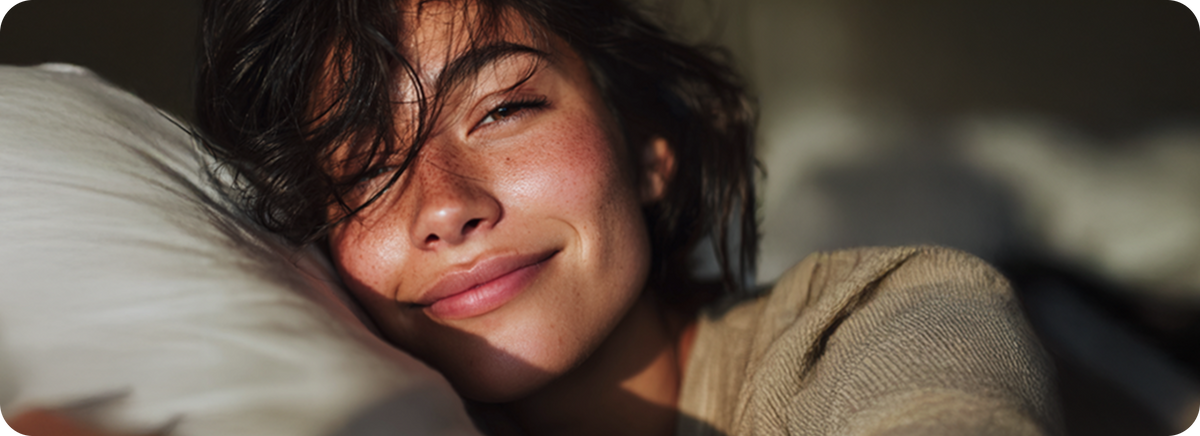 Woman with short hair smiling while lying on a pillow