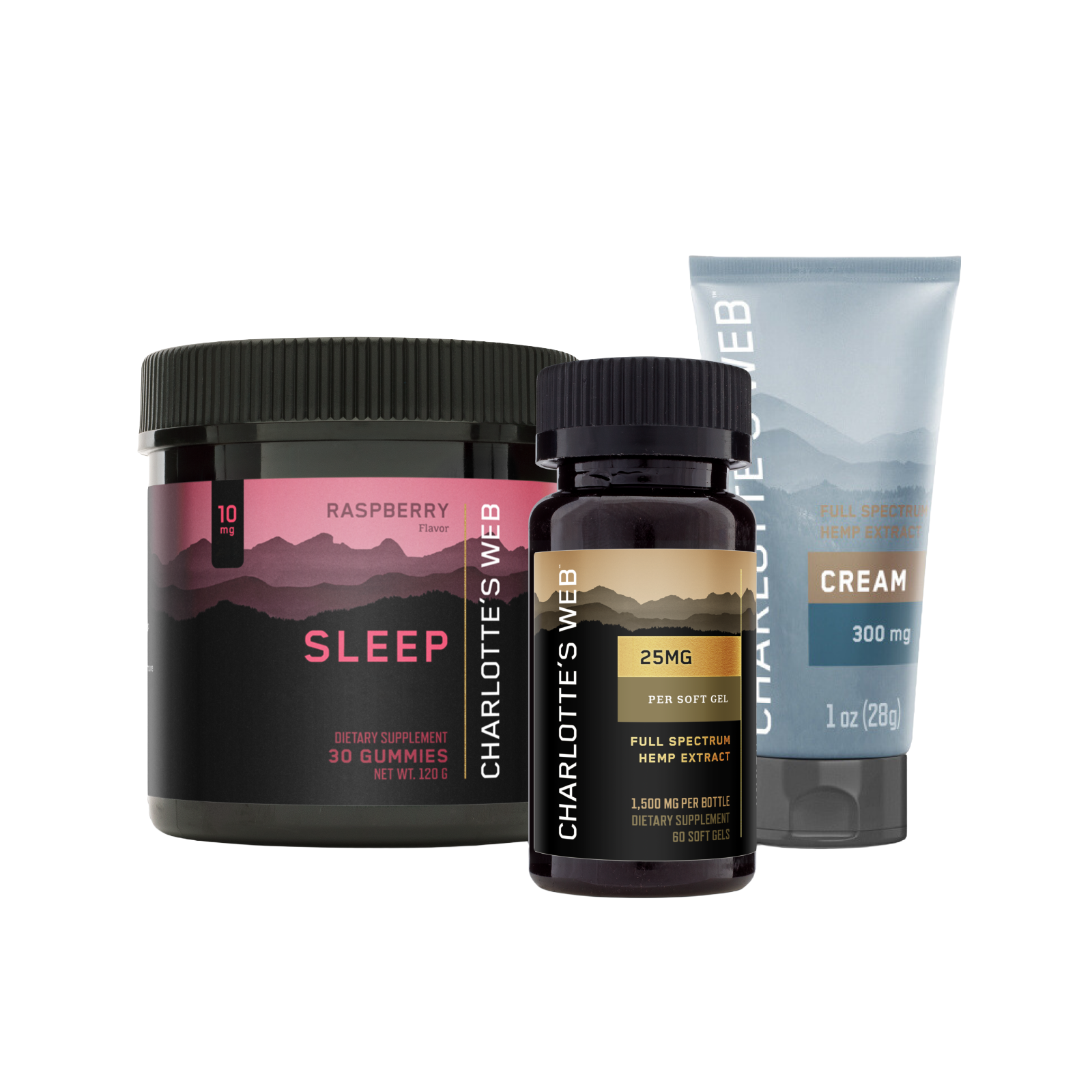 Charlotte's Web sleep product set including gummies, extract, and cream on a white background