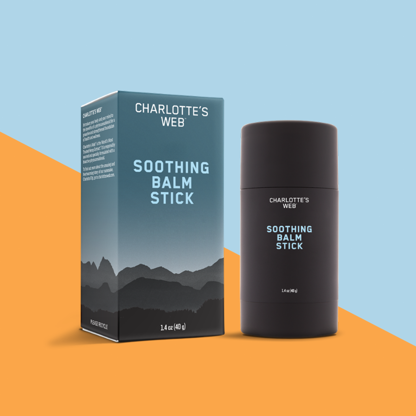 Product Image for Charlotte's Web Soothing Balm Stick on a stylized diagonal split background of light blue and orange.