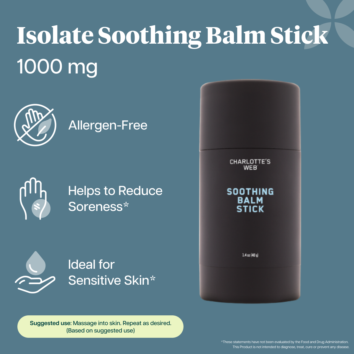 Charlotte's Web Isolate Soothing Balm Stick 1000 mg hemp extract on a slate blue background with feature icons and text highlighting allergen-free, soothing, and suitable for sensitive skin.