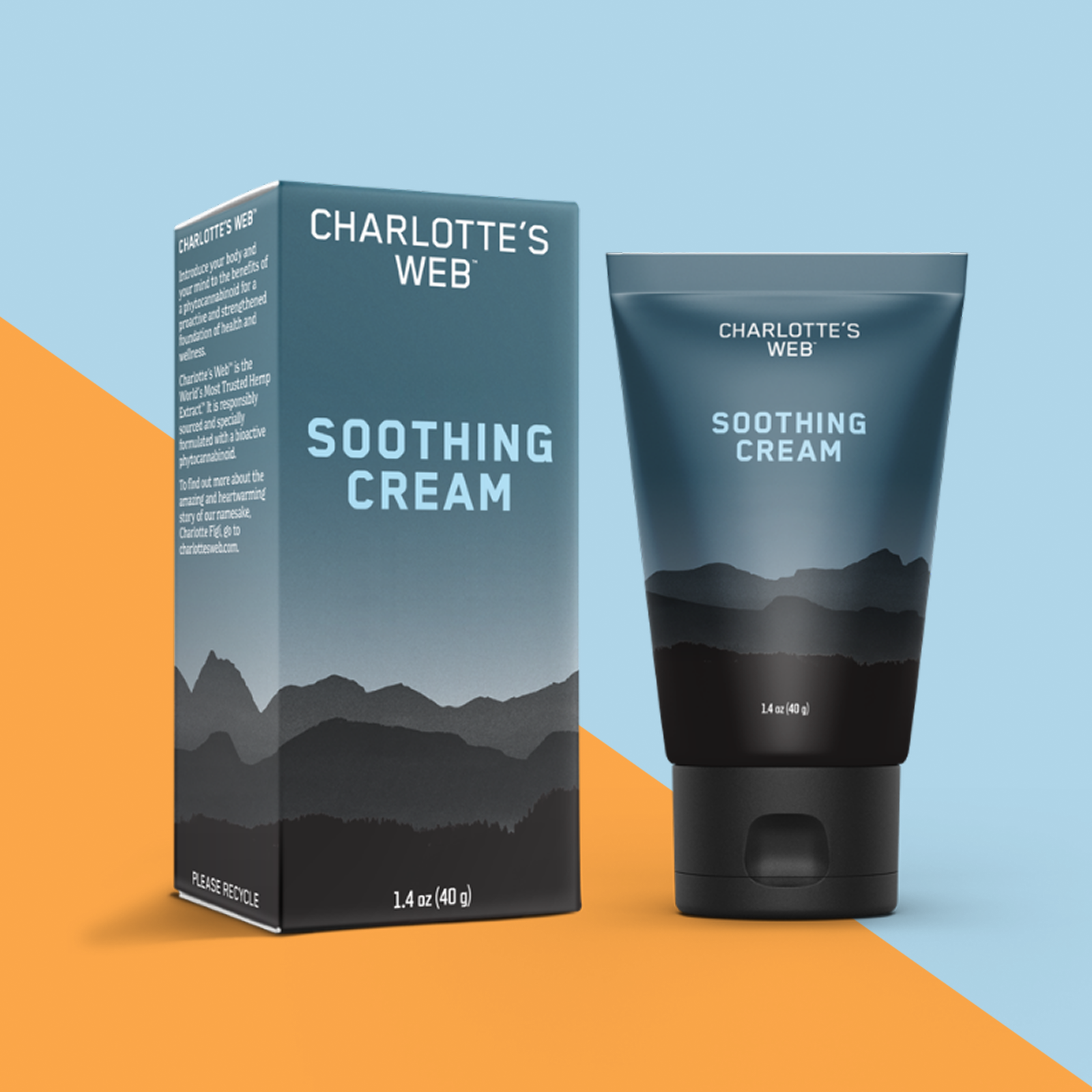 Product Image for Charlotte's Web Soothing Cream tube on a diagonal background split between light blue and orange.
