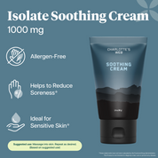 Product Image for Charlotte's Web Isolate Soothing Cream 1000 mg hemp extract tube on a slate blue background with product features text and icons for allergen-free, soothing, and sensitive skin benefits.