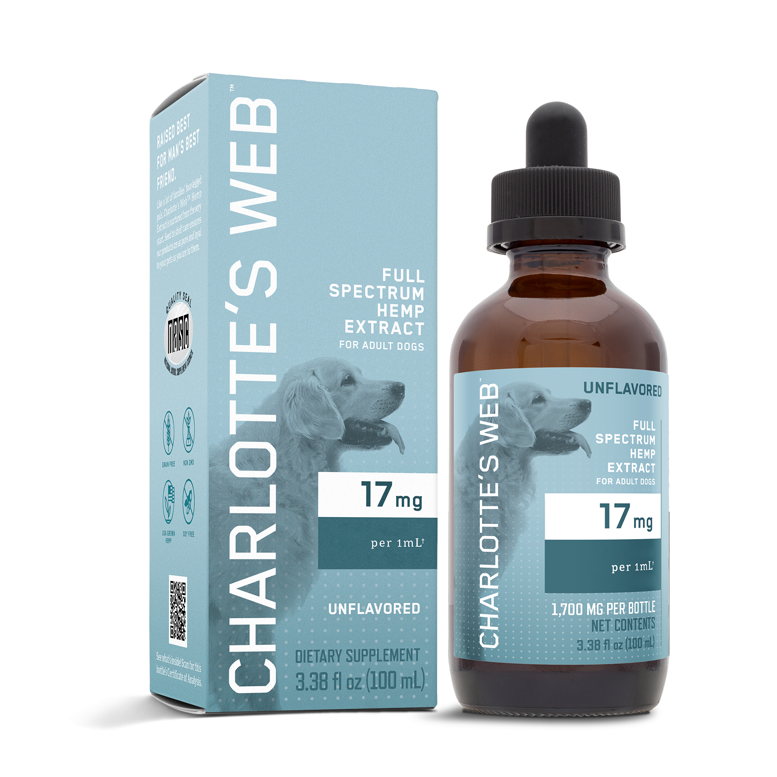 Charlotte's Web full spectrum hemp extract bottle and packaging on a white background