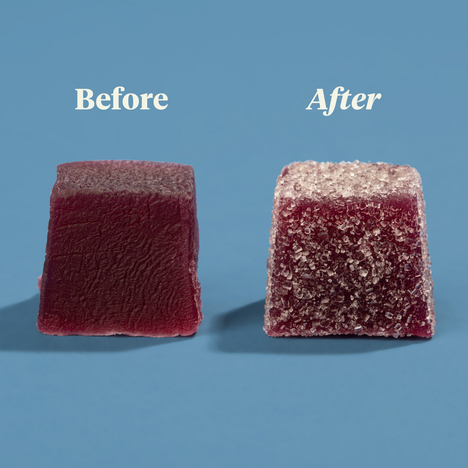 Before and after sugar coating comparison of a Stay Asleep gummy on a blue background