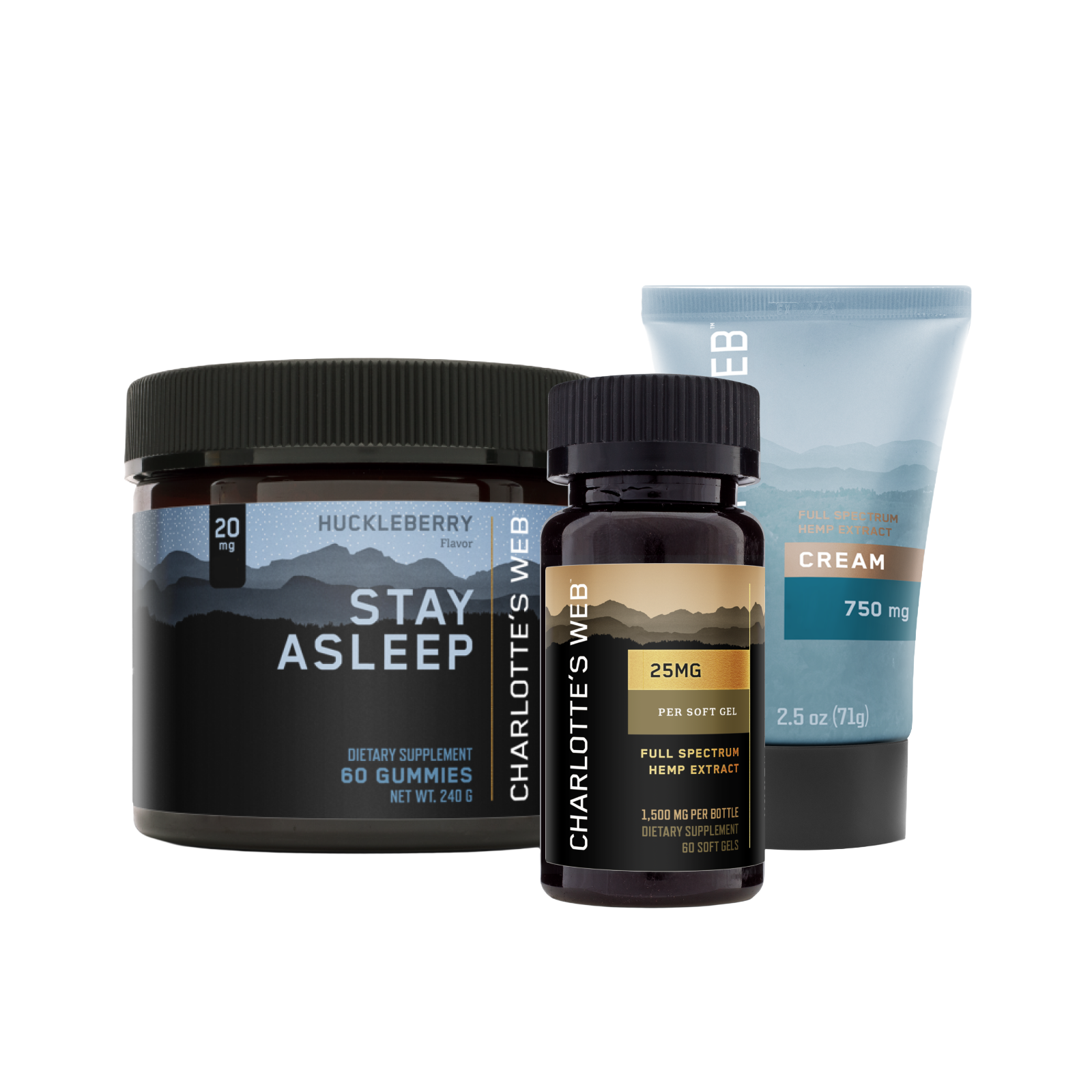 Collection of Charlotte's Web products including gummies, bottle, and cream on a white background