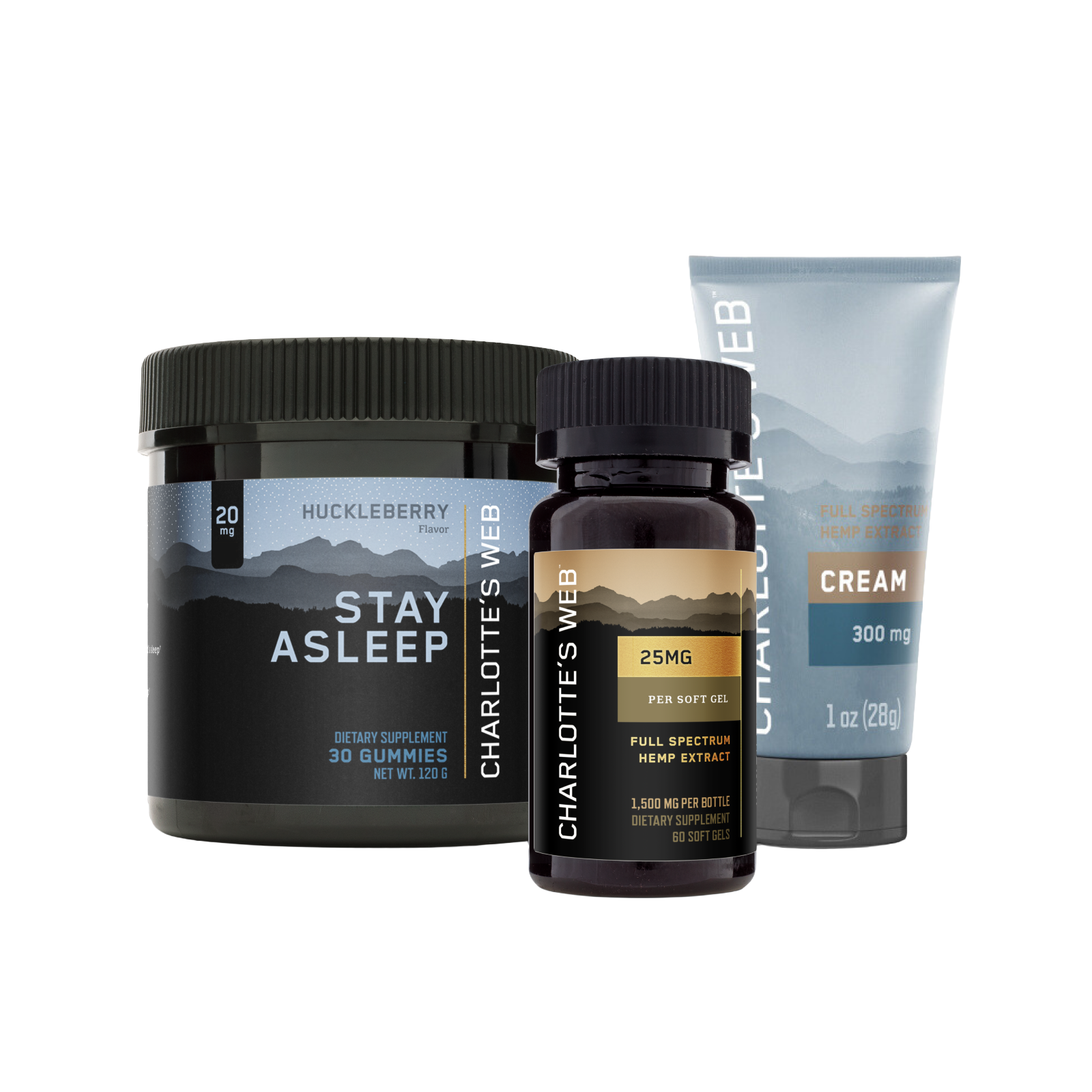 Product Image for Charlotte&#39;s Web product line including a jar, bottle, and tube on a white background