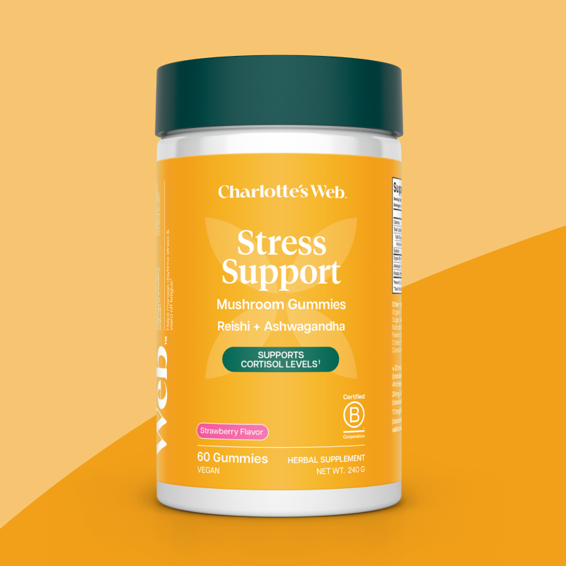 Charlotte's Web Stress Support Mushroom Gummies container on an orange background