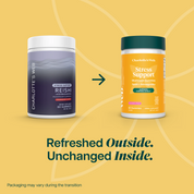 Product Image for Two supplement containers from Charlotte&#39;s Web on a yellow background with text &#39;Refreshed Outside. Unchanged Inside.&#39;