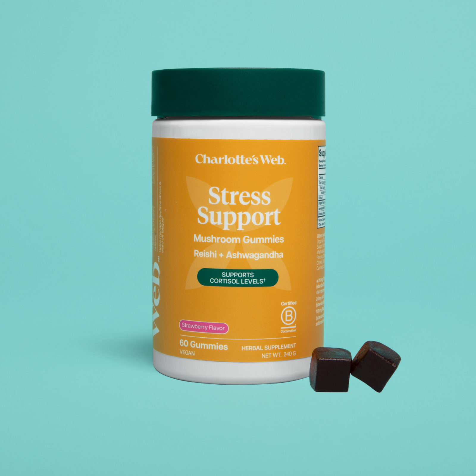 Product Image for Charlotte&#39;s Web Stress Support mushroom gummies container with two gummies on a teal background