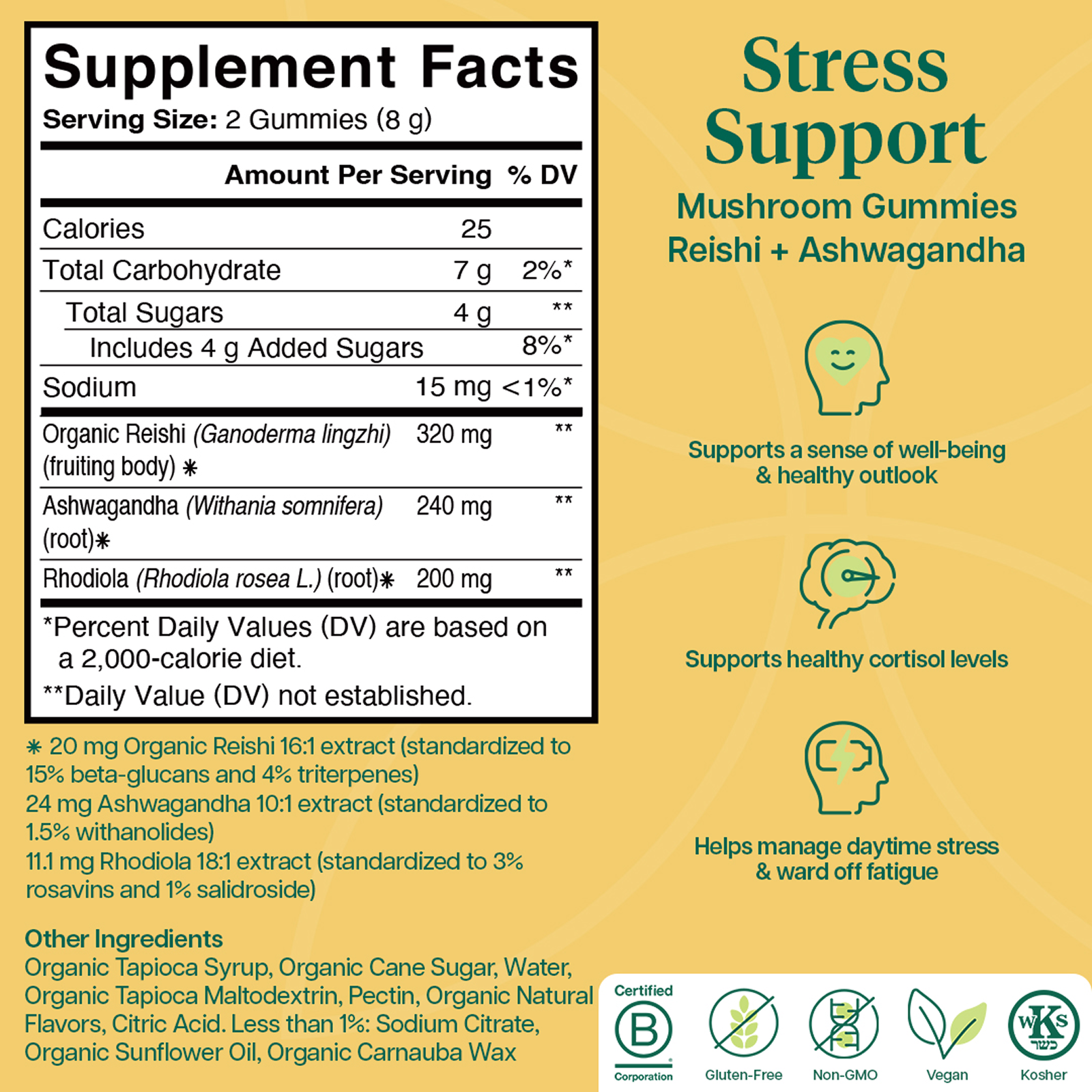 Product Image for Supplement facts label for Mushroom Gummies with Reishi and Ashwagandha on a yellow background.