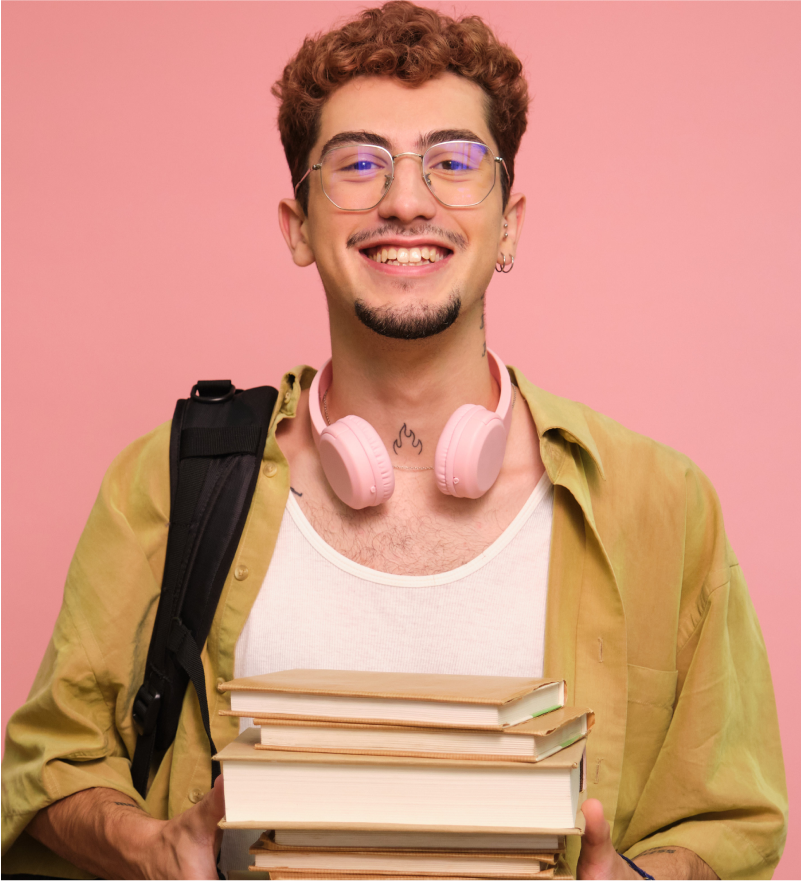 Person holding books with a backpack and pink headphones against a pink background