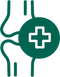 Green icon of a healthy joint with a white cross in the center on a white background
