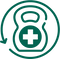 Green medical symbol with a cross inside a weight on a white background