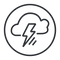 Black weather icon with cloud, lightning bolt, and rain inside circular border on transparent background representing storm conditions and severe weather alerts.