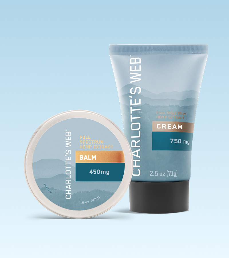 Two Charlotte's Web products, a balm and a cream, on a light blue background.