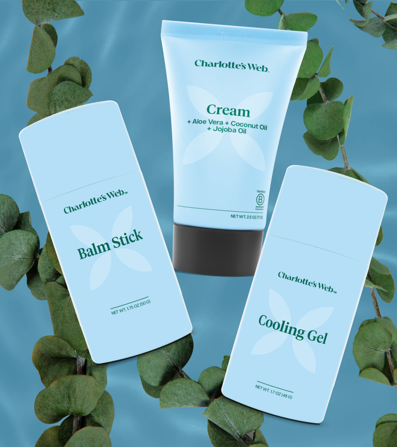 Charlotte's Web balm stick, cream, and cooling gel with eucalyptus leaves over water
