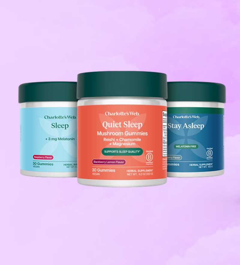 Three jars of Charlotte's Web sleep gummies on a purple background